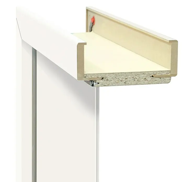 Classen PL Türzarge - 735 x 1.985 mm, Wandstärke: 95 mm, DIN Anschlag: Links, Monari Weiß - Detailansicht einer weißen Türzarge, die die Konstruktion und das Material zeigt. Die Oberfläche ist glatt und modern.