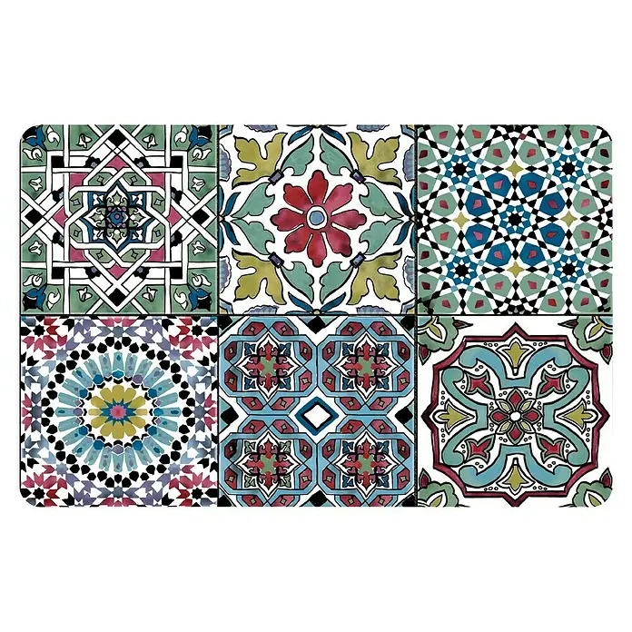 D-c-fix Juego de mesas auxiliares Hidráulico - 29 x 44 cm, Rectangular, Plástico - El mantel individual rectangular muestra seis patrones de azulejos florales y geométricos diferentes en colores vibrantes.