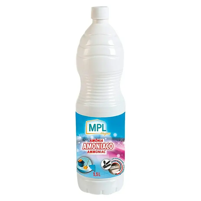 MPL Amoníaco - 1,5 l - Imagen del producto de una botella de plástico blanca etiquetada como "MPL Amoniaco Ammoniac", un limpiador doméstico que contiene 1,5 litros.