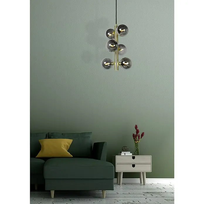Lucide Tycho Pendelleuchte - L x B x H: 25,5 x 25,5 x 150 cm, Gold - Elegante Pendelleuchte mit mehreren Rauchglas-Kugeln und goldenen Akzenten, die einen modernen und stilvollen Touch verleiht.