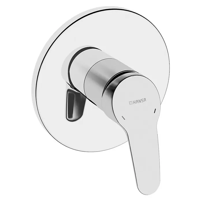 Hansa Mix UP-Brausearmatur ohne Umsteller - Chrom, Glänzend - Nahaufnahme einer glänzenden HANSA-Einhand-Waschtischarmatur mit kreisförmiger Rosette, ideal für moderne Badezimmer.