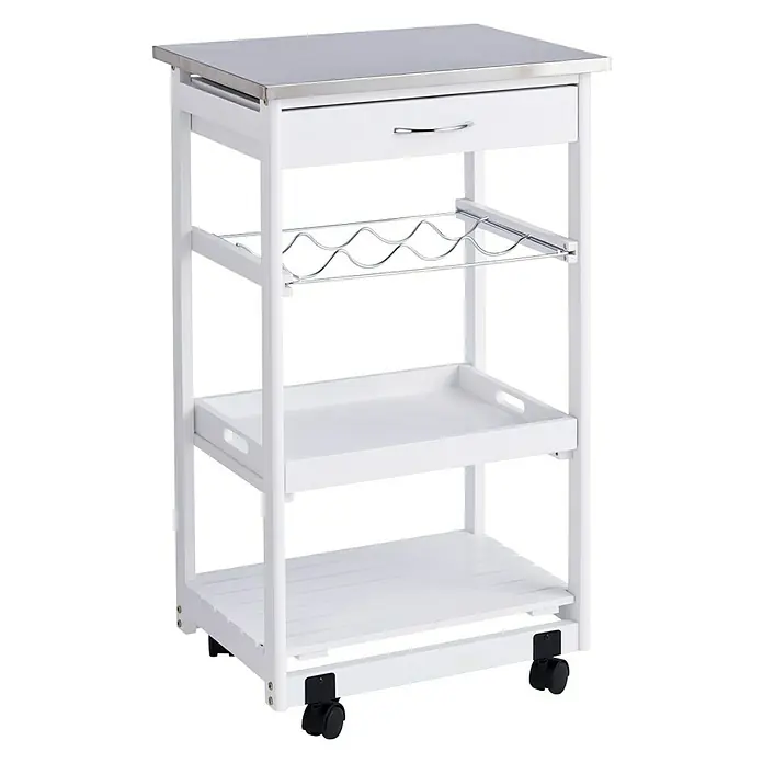 Zeller Present Küchenwagen - L x B x H: 37 x 47 x 82 cm, Weiß/Edelstahl - Der weiße Küchenwagen mit Edelstahlplatte, Schublade, Weinregal und Rollen bietet viel Stauraum und Flexibilität in der Küche.