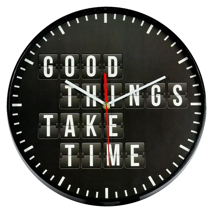 Wanduhr Good things take time - Durchmesser: 35 cm, Schwarz/Weiß - Eine elegante, runde Wanduhr mit der Aufschrift "Good Things Take Time" und schwarzen Akzenten, die jedem Raum einen modernen Touch verleiht.