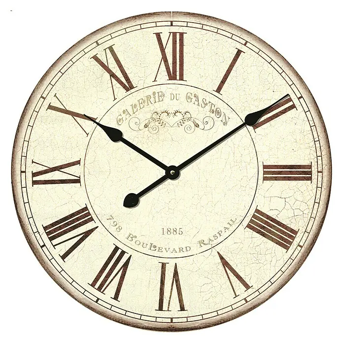 Wanduhr - Durchmesser: 50 cm, Beige - Eine dekorative Wanduhr im Vintage-Stil mit römischen Ziffern und dem Schriftzug "Galerie du Gaston".