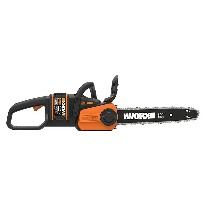 Worx PowerShare 20V Akku-Kettensäge WG384E - Akkuspannung: 40 V, Li-Ionen, 2 Ah, 2 Akkus, 35 cm - Das Bild zeigt eine akkubetriebene WORX-Kettensäge mit 40 V, die für Baumschnitt und Gartenarbeit geeignet ist.