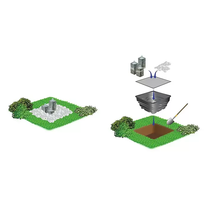 Heissner Teichschale - 79 x 79 x 45 cm, Fassungsvermögen: 200 l - Gartenbrunnen-Set mit drei Steinsäulen, Reservoir, Gitterrost und Ziersteinen, zur Installation gezeigt.