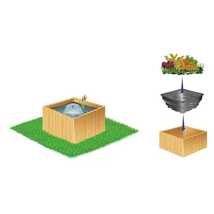 Heissner Teichschale - 79 x 79 x 45 cm, Fassungsvermögen: 200 l - Modulares Hochbeet-Kit aus Holz für Teich- oder Pflanzenverwendung. Gezeigt mit Brunnen, schwarzem Liner und Pflanzenoption.