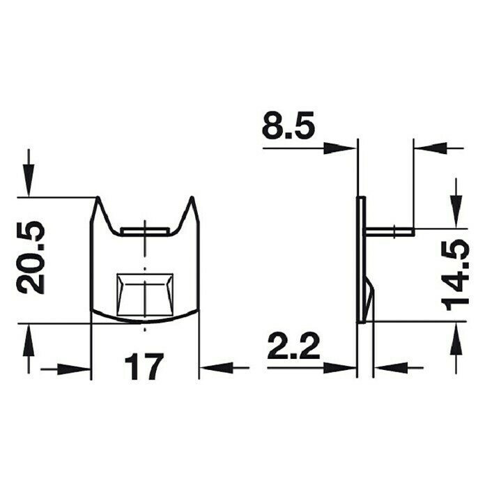 Häfele Schließhaken mit Wulst und EinschlagzackenL x B x H: 8,5 x 17 x 20,5 mm Front View