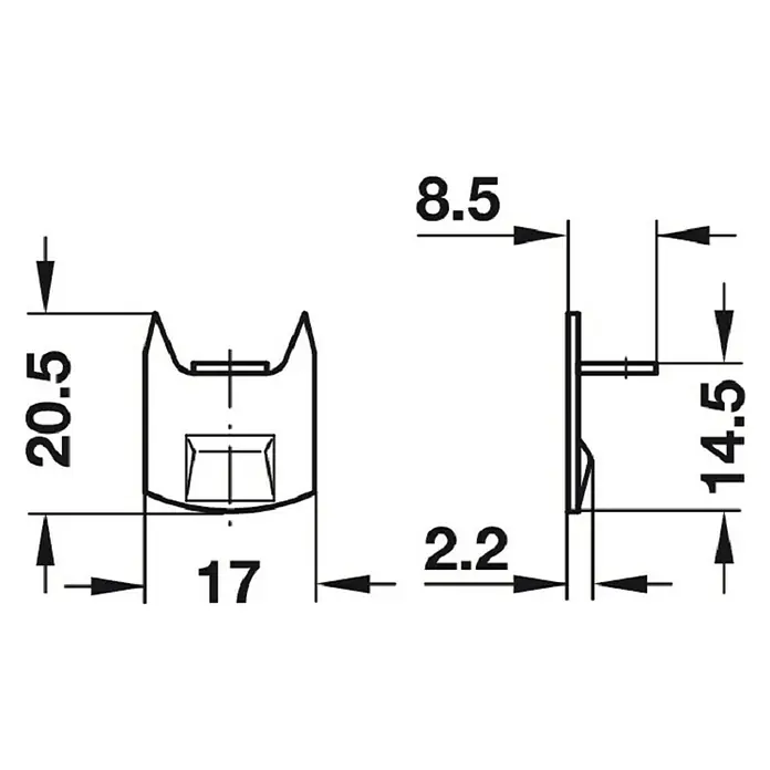 Suki Cierre de gancho - L x An x Al: 8,5 x 17 x 20,5 mm - Dibujo técnico de un herraje de mueble con dimensiones. La vista superior muestra el ancho y la altura, la vista lateral la profundidad.