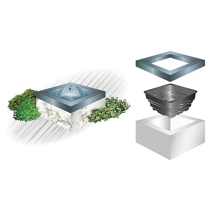 Heissner Teichschale - 79 x 79 x 45 cm, Fassungsvermögen: 200 l - Gartenbrunnen mit Marmor-Basis, blaugrauem Rand und Wasserspiel, daneben eine Explosionszeichnung der Komponenten.