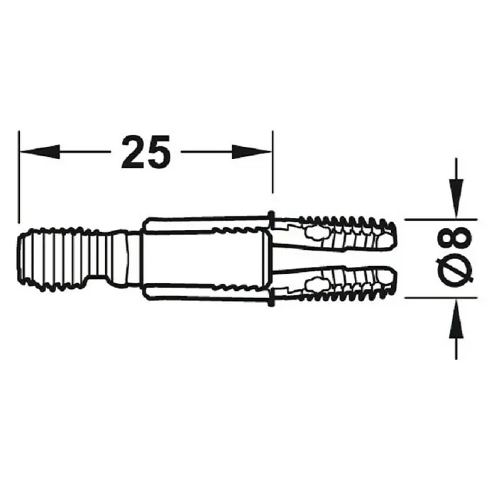Häfele Herraje de unión para armarios Ixconnect SC 8/25 - Específico para: Grosores de madera a partir de 15 mm, Plástico - Ilustración de una vista superior de una pieza de conector, que mide 25 x ø8.
