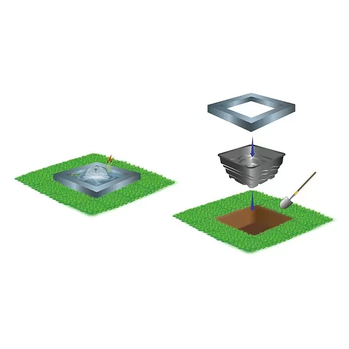 Heissner Teichschale - 79 x 79 x 45 cm, Fassungsvermögen: 200 l - Installationsschritte für ein quadratisches Fertigteich-Set mit grauer Wanne, Rahmen und fertigem Gartenbrunnen.