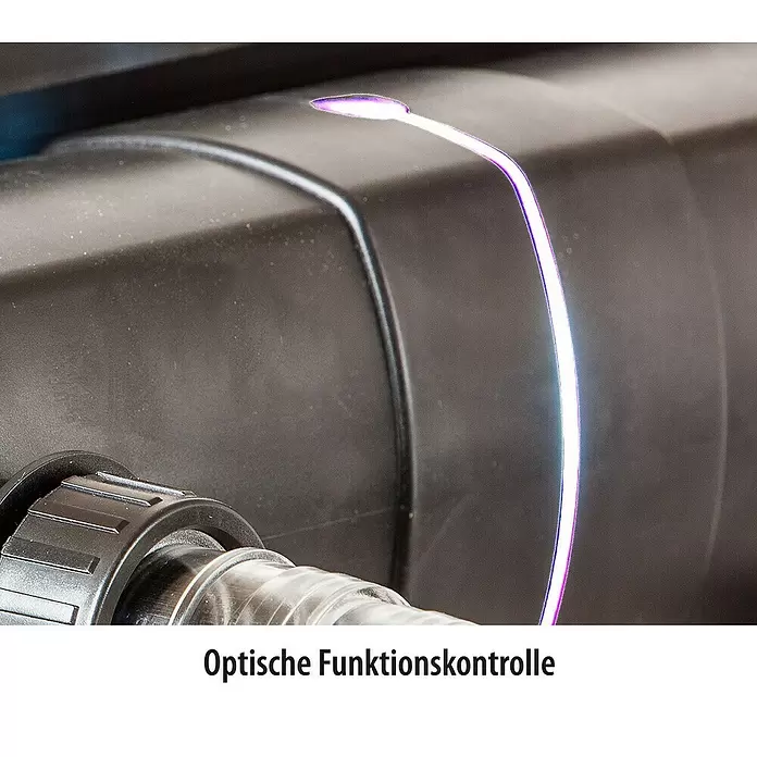 Heissner Durchlauffilter-Set FPU 24000 - Teichgröße: 24 m³, Leistung UVC-Klärer: 24 W - Dunkles Produkt mit leuchtendem lila Indikatorstreifen und transparentem Schlauchanschluss zur Funktionsprüfung.