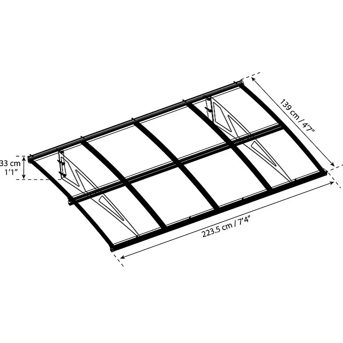 Palram – Canopia Pultvordach Amsterdam - 223,5 x 139 x 33 cm, Anthrazitgrau - Abbildung einer Terrassenüberdachung mit Maßangaben in Zentimetern und Fuß, die die Abmessungen des Produkts verdeutlichen.