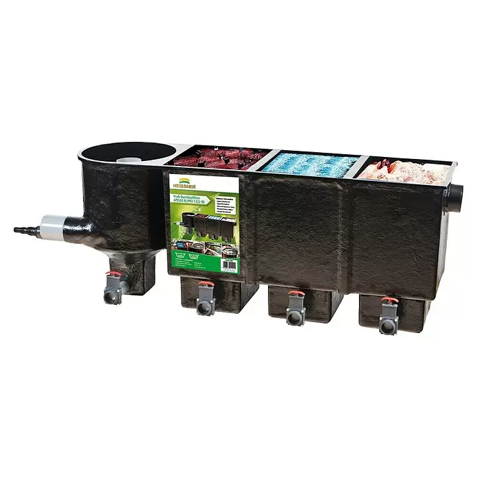 Heissner Durchlauffilter Apollo XL Pro F322 - Teichgröße: 80 m³ - Schwarzer Mehrkammer-Teichfilter mit sichtbaren biologischen und mechanischen Filtermedien, Einlass, Auslass und Ablassventilen.