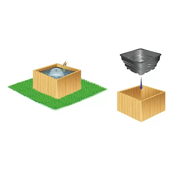 Heissner Teichschale - 79 x 79 x 45 cm, Fassungsvermögen: 200 l - Quadratisches Teichbausatz: dunkle graue Kunststofffolie wird in Holzrahmen eingesetzt. Fertiger Teich mit Springbrunnen und Pflanzen.