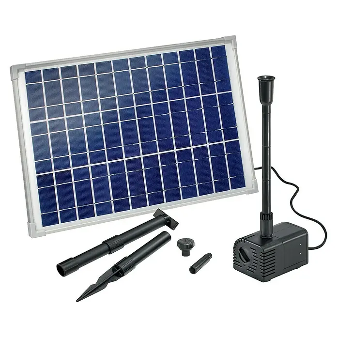 Heissner Solar-Teichpumpen-Set NSP 610 - Fördermenge pro Std.: 610 l - Solarbetriebene Teichpumpe mit Solarpanel, Pumpe, Verlängerungsrohren und Düsen zur einfachen Installation und Nutzung.