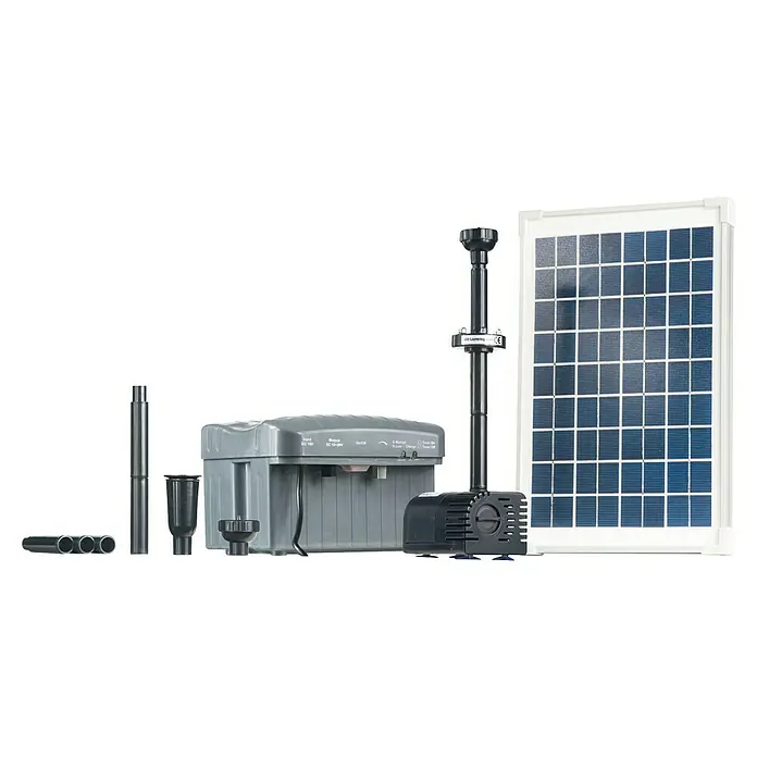 Heissner Solar-Teichpumpen-Set SP 760-L - Fördermenge pro Std.: 750 l - Solarbetriebene Teichpumpe mit Batterie-Backup, zur Nutzung in Teichen und Wasserspielen, für eine nachhaltige und umweltfreundliche Wasserzirkulation.