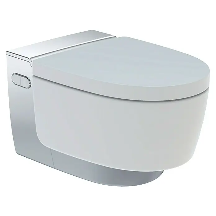 Geberit Wand-Dusch-WC-Set AquaClean Mera Comfort - Spülrandlos, Mit schmutzabweisender Glasur, Spülform: Tief, WC Abgang: Waagerecht, Weiß, Chrom - Elegante Toilette in Weiß mit Chromdetails. Das moderne Design fügt sich nahtlos in jedes Badezimmer ein.