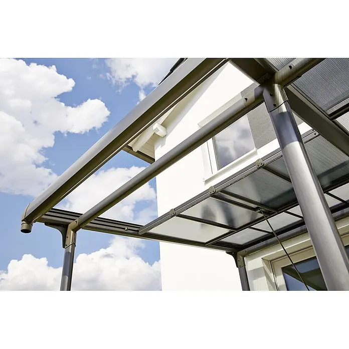 Sunfun Pérgola adosada Sera - An x Pr: 400 x 300 cm, Antracita, Aluminio - Primer plano de una elegante cubierta de patio, que combina protección y diseño moderno.