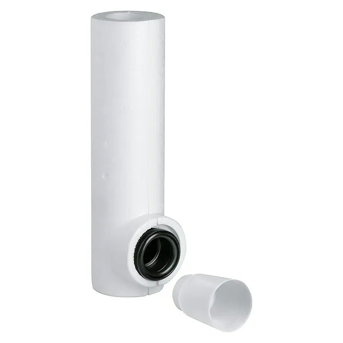 Grohe WC-Spülrohr - Ø x L: 45 x 280 mm - Dieses Bild zeigt ein weißes HT-Rohr mit einem seitlichen Abzweig und einer separaten Muffe, ideal für Sanitärinstallationen.