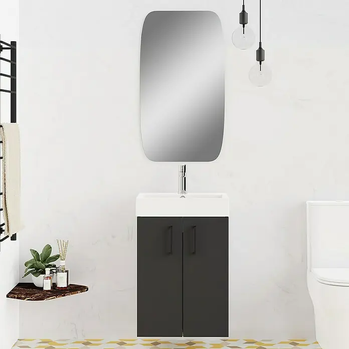 Conjunto de mueble de baño Palma - Negro, Mate, 3 pzs. - Baño moderno con mueble de lavabo gris, espejo y elementos decorativos.