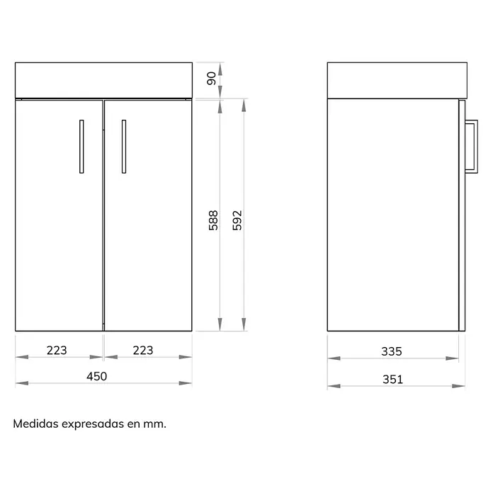 Artysan Conjunto de mueble de baño Palma - Ancho: 45 cm, Mostaza, 2 pzs. - Vista del producto: El mueble de lavabo tiene dos puertas y líneas claras. Las dimensiones se indican con precisión.