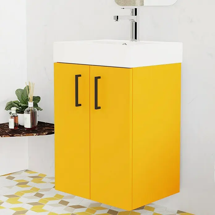 Conjunto de mueble de baño Palma - Mostaza, Mate, 3 pzs. - Mueble de baño amarillo con lavabo y tiradores negros. El mueble tiene un diseño moderno y elegante.