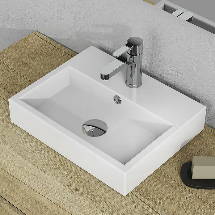 Artysan Lavabo de sobremesa Palma - 46 x 36 cm, Sin esmalte especial, Orificios para grifo: Medio, Sin desbordamiento, Blanco - Elegante lavabo rectangular blanco con un moderno grifo cromado, que añade un toque de elegancia a cualquier baño.