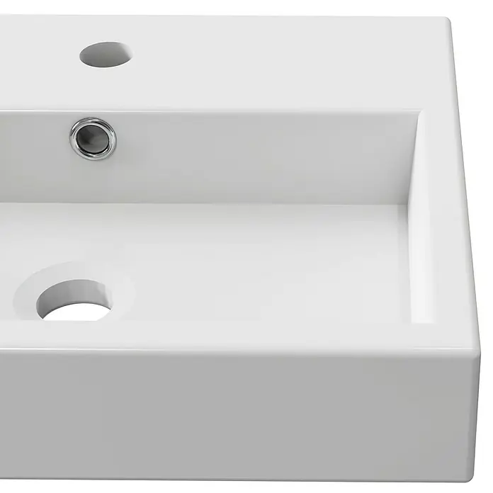 Artysan Lavabo de sobremesa Palma - 46 x 36 cm, Sin esmalte especial, Orificios para grifo: Medio, Sin desbordamiento, Blanco - Primer plano de un lavabo sobre encimera blanco con orificio para grifo y rebosadero, ideal para diseños de baño modernos.