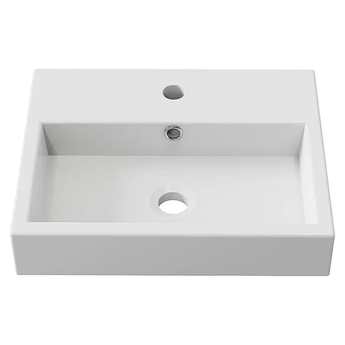Artysan Lavabo de sobremesa Palma - 46 x 36 cm, Sin esmalte especial, Orificios para grifo: Medio, Sin desbordamiento, Blanco - La imagen muestra un lavabo blanco elegante con un diseño rectangular. El lavabo tiene un desagüe y un orificio para el grifo.