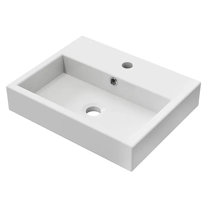 Artysan Lavabo de sobremesa Palma - 46 x 36 cm, Sin esmalte especial, Orificios para grifo: Medio, Sin desbordamiento, Blanco - Primer plano de un lavabo de baño rectangular moderno de cerámica blanca con orificio para grifo y rebosadero.