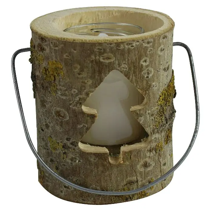 Windlicht - Ø x H: 12 x 12 cm, Holz, Tanne - Dekoratives Holzwindlicht mit Baumdesign und Metallgriff, ideal für stimmungsvolle Beleuchtung im Innenbereich.