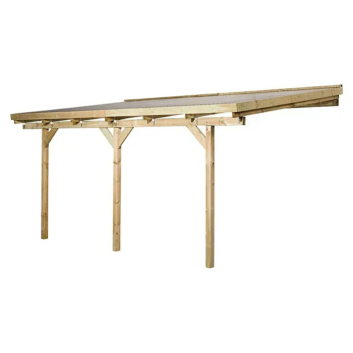 Weka Terrassenüberdachung Salsa - B x T: 514 x 306 cm, Grün, kesseldruckimprägniert, Transparent - Ansicht eines Holzcarports mit geneigtem Dach, der Schutz für Fahrzeuge oder Außenbereiche bietet und solide gebaut ist.