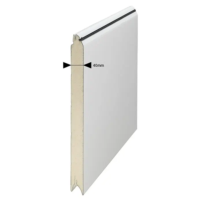 Solid Elements Puerta de garaje con motor Standard Pro - 250 x 212,5 cm, Blanco - Primer plano de un panel de puerta de garaje de 40 mm, destacando su aislamiento y construcción. Perfecto para puertas de garaje energéticamente eficientes.