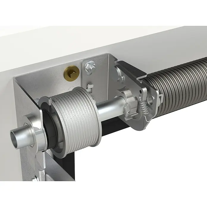 Solid Elements Puerta de garaje con motor Standard Pro - 250 x 212,5 cm, Blanco - Primer plano de un muelle de puerta de garaje, destacando el diseño robusto y los componentes esenciales para un funcionamiento suave.