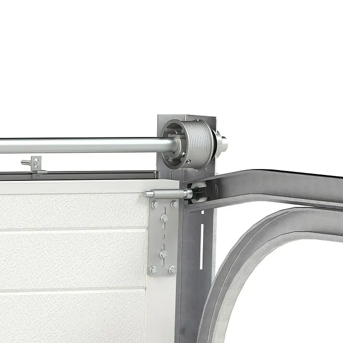 Solid Elements Puerta de garaje con motor Standard Pro - 250 x 212,5 cm, Blanco - Primer plano de una bisagra de puerta de garaje con una guía metálica, destacando la construcción robusta y la funcionalidad de la puerta.