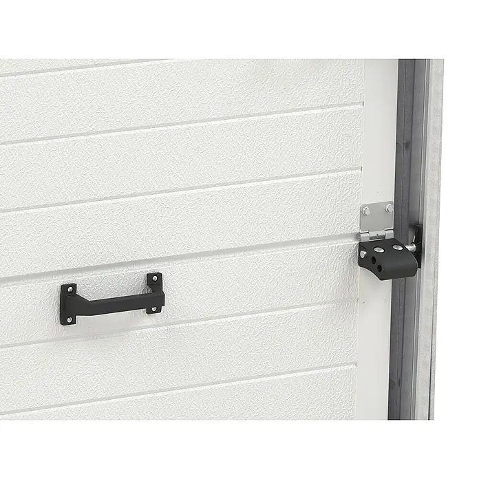 Solid Elements Puerta de garaje con motor Standard Pro - 250 x 212,5 cm, Blanco - Primer plano de una puerta de garaje con manija negra y bisagra plateada.
