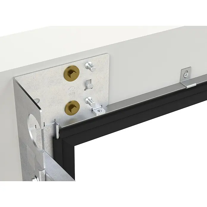 Solid Elements Puerta de garaje con motor Standard Pro - 250 x 212,5 cm, Blanco - Primer plano de un marco de puerta que muestra los herrajes, destacando su robusta construcción y funcionalidad.