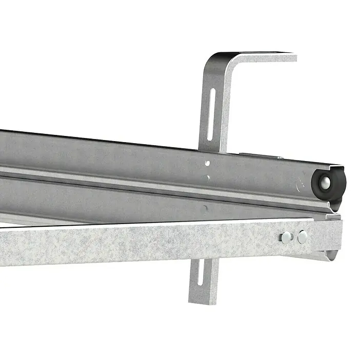 Solid Elements Puerta de garaje con motor Standard Pro - 250 x 212,5 cm, Blanco - Vista detallada de una guía para puerta de garaje, hecha de metal robusto, garantizando un funcionamiento suave.