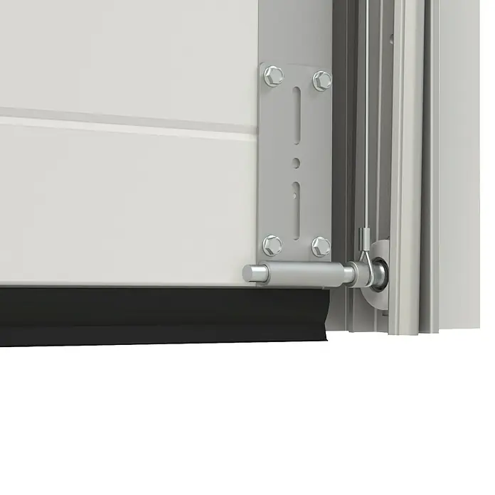 Solid Elements Puerta de garaje con motor Standard Eco - 250 x 212,5 cm, Blanco - Primer plano de una bisagra de puerta de garaje con perno y sello, unida a un panel blanco.
