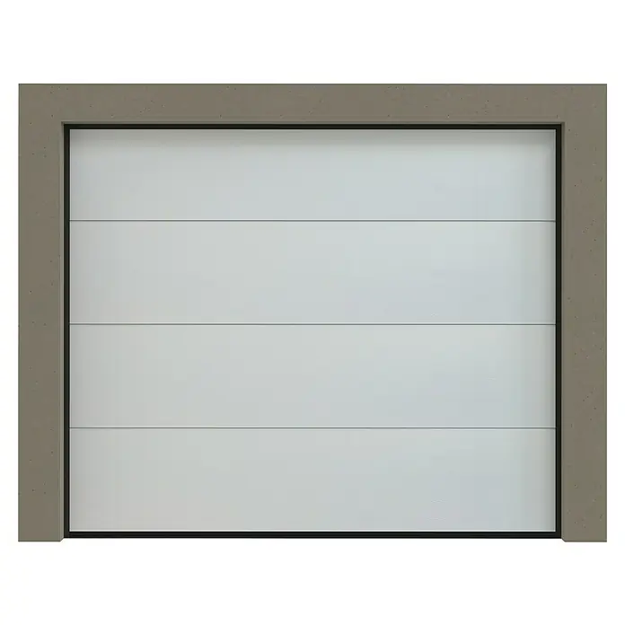 Solid Elements Puerta de garaje con motor Standard Eco - 250 x 212,5 cm, Antracita - Esta imagen muestra una moderna puerta de garaje blanca con líneas horizontales y un marco con aspecto de hormigón. La puerta tiene un aspecto elegante.
