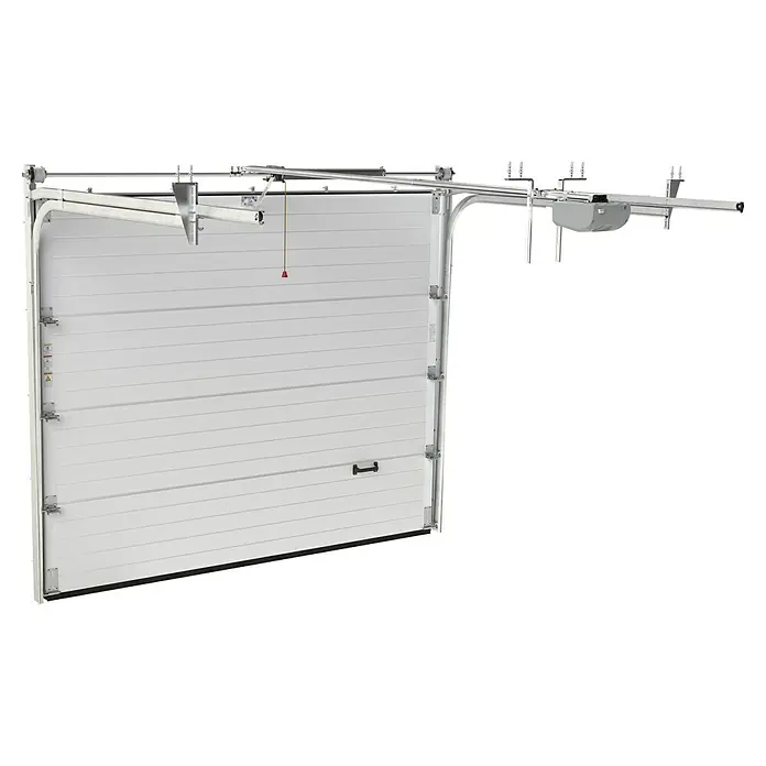 Solid Elements Puerta de garaje con motor Standard Eco - 250 x 212,5 cm, Blanco - Se ha capturado una puerta de garaje blanca con paneles y mecanismo de apertura automático, mostrando una solución moderna y funcional para el hogar.