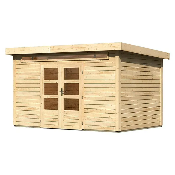 Karibu Gartenhaus Kandern 7 - Außenmaß inkl. Dachüberstand (B x T): 396 x 273 cm, Holz, Natur - Abbildung eines modernen Holzgartenhauses mit Flachdach und Glastüren, ideal für die Aufbewahrung oder als Hobbyraum.