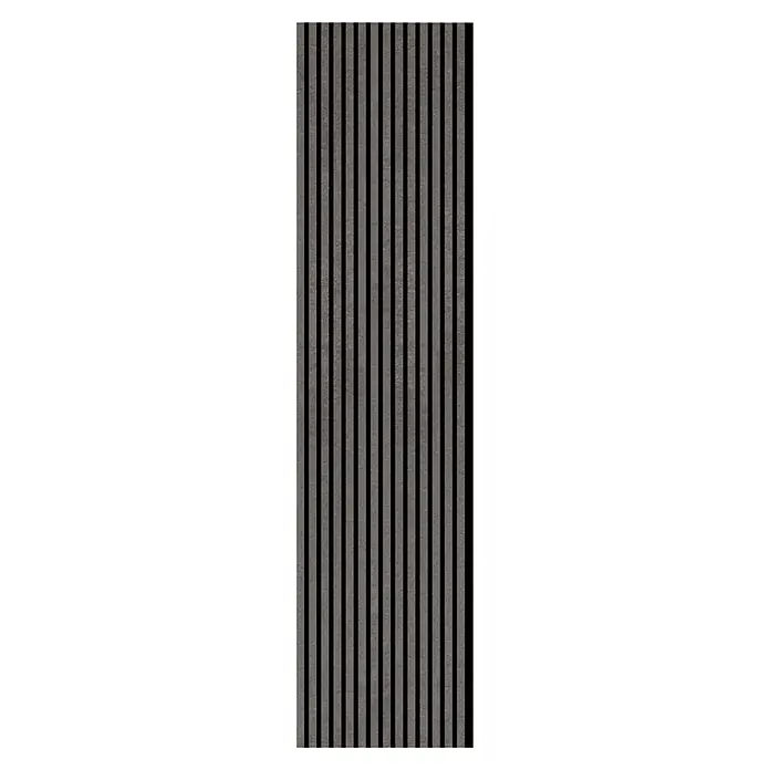 FN Neuhofer Akustikpaneel Acustico PVC - Beton, L x B x S: 2.400 x 572,5 x 19 mm, 1 Stk., 1,374 m² - Eine Nahaufnahme einer Paneelwand mit grauen, vertikalen Lamellen, die einen modernen und stilvollen Look erzeugen. Ideal für Innendesign.