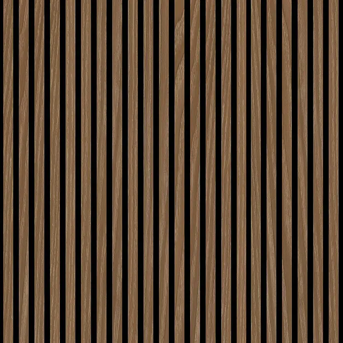 FN Neuhofer Akustikpaneel Acustico PVC - Eiche, L x B x S: 2.400 x 572,5 x 19 mm, 1 Stk., 1,374 m² - Wandpaneele aus Holz mit schmalen, vertikalen Latten und dunklen Zwischenräumen, ideal für moderne Innenräume und Akustikverbesserung.