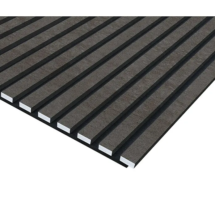 FN Neuhofer Akustikpaneel Acustico PVC - Beton, L x B x S: 2.400 x 572,5 x 19 mm, 1 Stk., 1,374 m² - Nahaufnahme einer Akustikplatte mit grauen Lamellen und weißen Kanten, ideal für moderne Raumgestaltung und Schallabsorption.