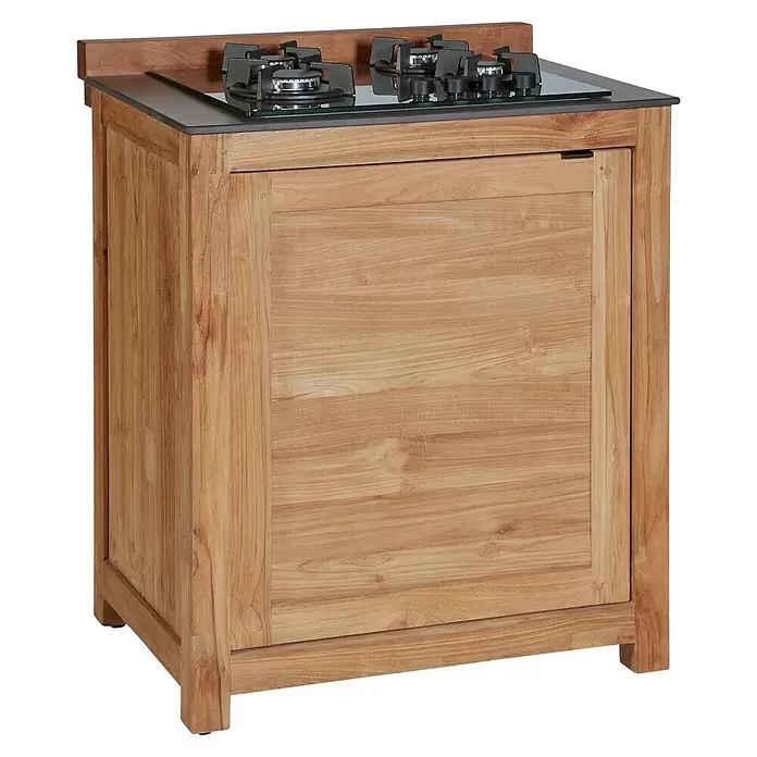 Sunfun Zoe Outdoorküchen-Modul Kochfeld - Braun, B x T x H: 80 x 63 x 96,7 cm, Teakholz - Hellbrauner Holzschrank mit schwarzem Gaskochfeld aus Glas und vier Brennern.