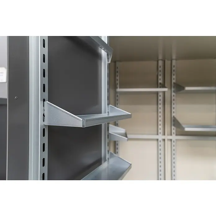 Telluria Regal Giarmadio Set S - 1 Stk., Passend für: Telluria Gerätehaus Classico 3024, L x B: 51 x 15 cm - Detailansicht eines Metallregalsystems mit verstellbaren Regalböden und Lochleisten zur flexiblen Anpassung.