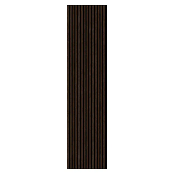 FN Neuhofer Akustikpaneel Acustico PVC - Eiche Medium, L x B x S: 2.400 x 572,5 x 19 mm, 1 Stk., 1,374 m² - Dunkelbraune Holzpaneele erzeugen eine warme, moderne Atmosphäre. Die vertikalen Lamellen sorgen für eine stilvolle Wandgestaltung und Akustikverbesserung.